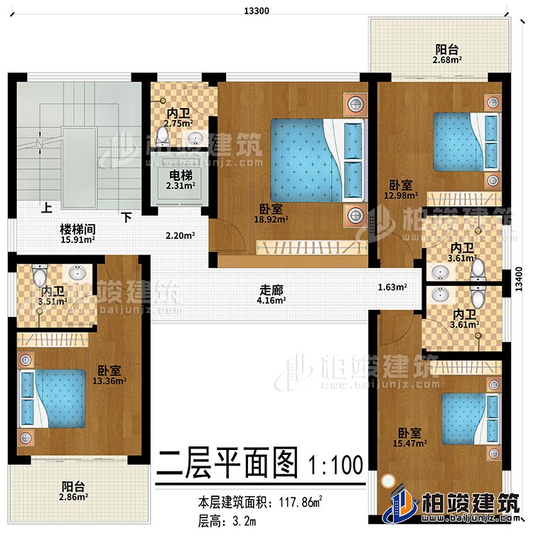 二层：走廊、4卧室、4内卫、2阳台、楼梯间、电梯